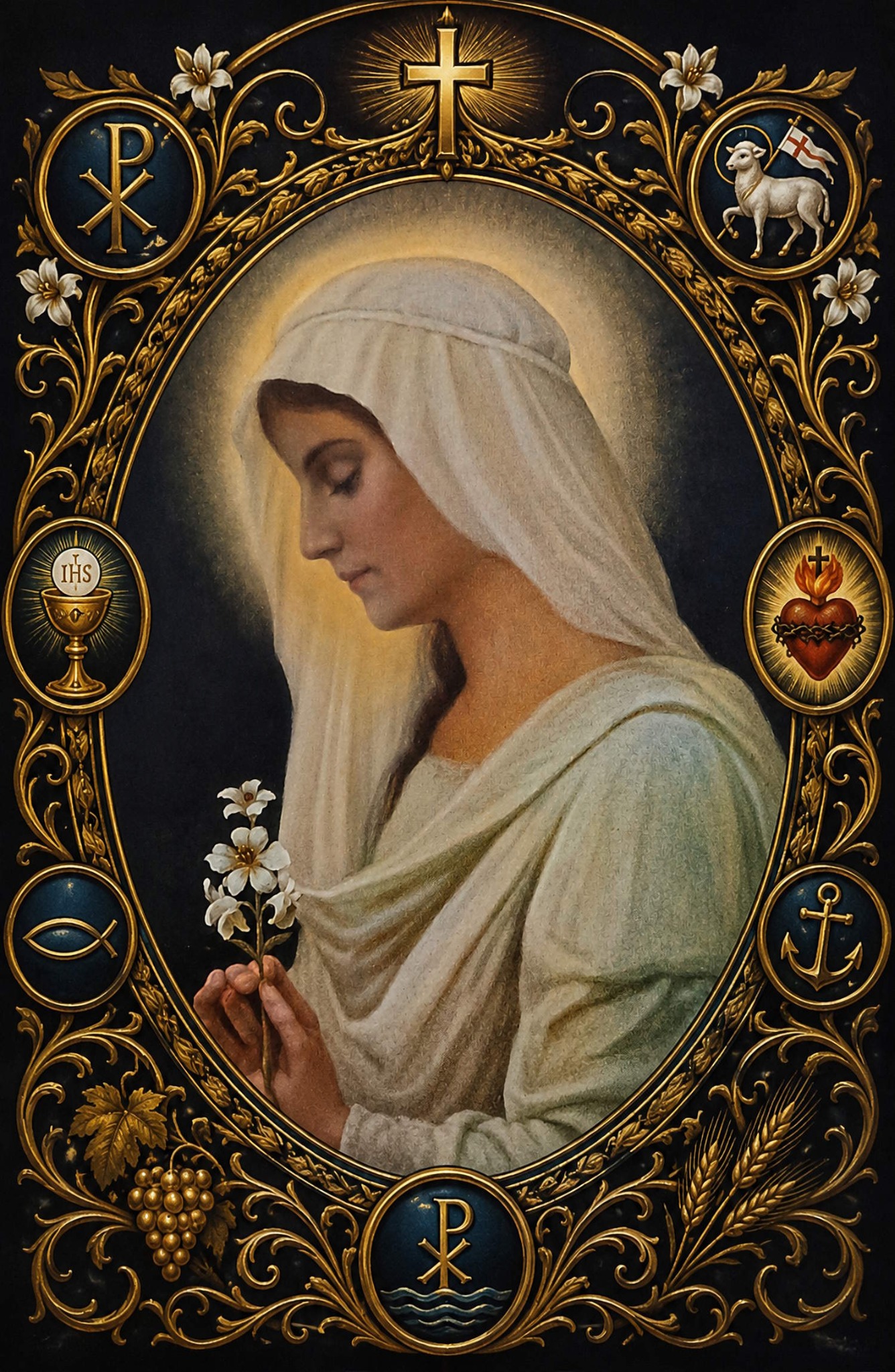 Historische Marien-Gebetskarte mit Lilien